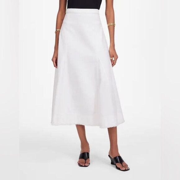 Madewell women’s Fluted Midi Skirt in Tile White denim distressed hem Sz 27 NWT - Picture 1 of 10